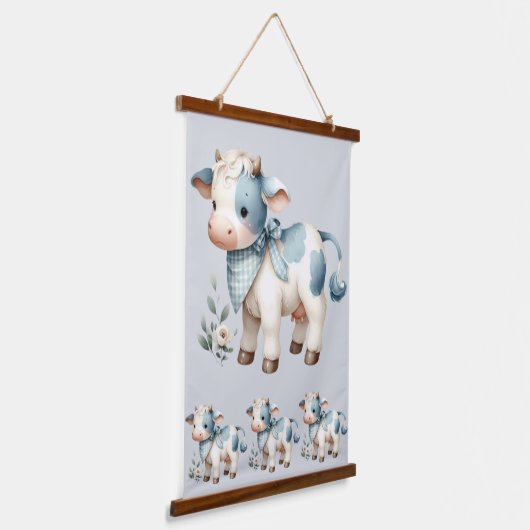 Blue Gingham Baby Cow Pastel Farm Aesthetic Wandteppich Mit Holzrahmen (Gewinkelt)