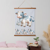 Blue Gingham Baby Cow Pastel Farm Aesthetic Wandteppich Mit Holzrahmen (Schlafzimmer)