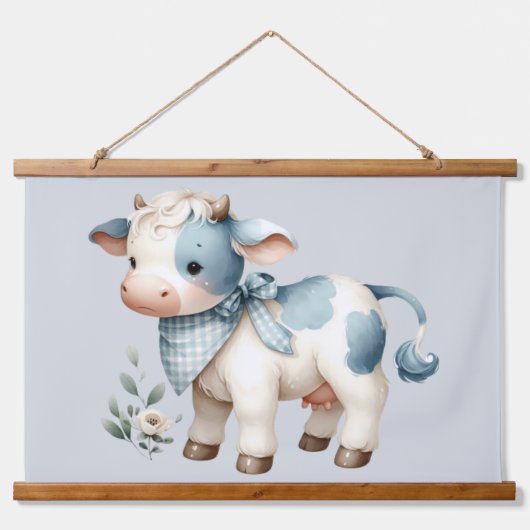 Blue Gingham Baby Cow Pastel Farm Aesthetic Wandteppich Mit Holzrahmen (Vorne)