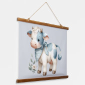 Blue Gingham Baby Cow Pastel Farm Aesthetic Wandteppich Mit Holzrahmen (Gewinkelt)