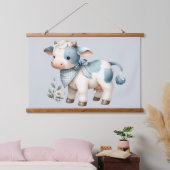 Blue Gingham Baby Cow Pastel Farm Aesthetic Wandteppich Mit Holzrahmen (Schlafzimmer)