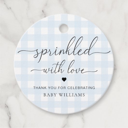 Blue Gingham Baby Dusche gesprinklt mit Liebe Geschenkanhänger (Vorderseite)