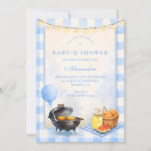 Blue Gingham Baby Q Baby Shower Einladung (Vorderseite)