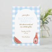Blue Gingham Baby-Q Baby Shower Invitation Einladung (Stehend Vorderseite)