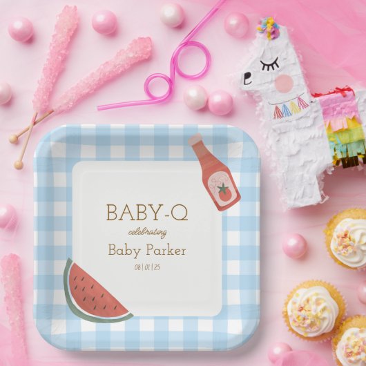 Blue Gingham Baby-Q Square Plate Pappteller (Party)