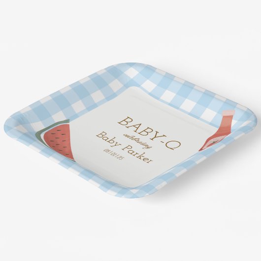 Blue Gingham Baby-Q Square Plate Pappteller (Gewinkelt)