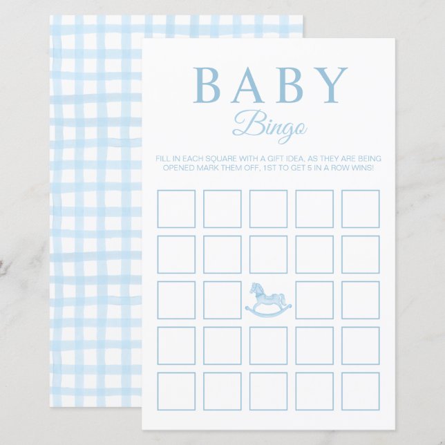 Blue Gingham Baby Showdusche Bingo Game Card (Vorne/Hinten)