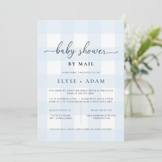 Blue Gingham Baby Shower by Mail Einladung (Stehend Vorderseite)