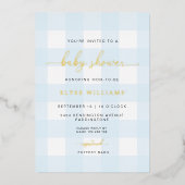Blue Gingham Baby Shower Gold Foil Einladung (Vorderseite)