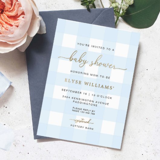 Blue Gingham Baby Shower Gold Foil Einladung