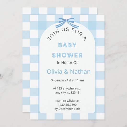 Blue Gingham Baby Shower Invitation, Blue Baby Boy Einladung (Vorne/Hinten)