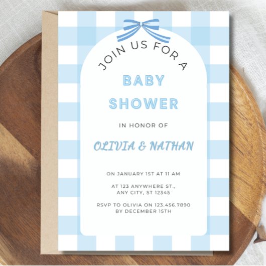 Blue Gingham Baby Shower Invitation, Blue Baby Boy Einladung