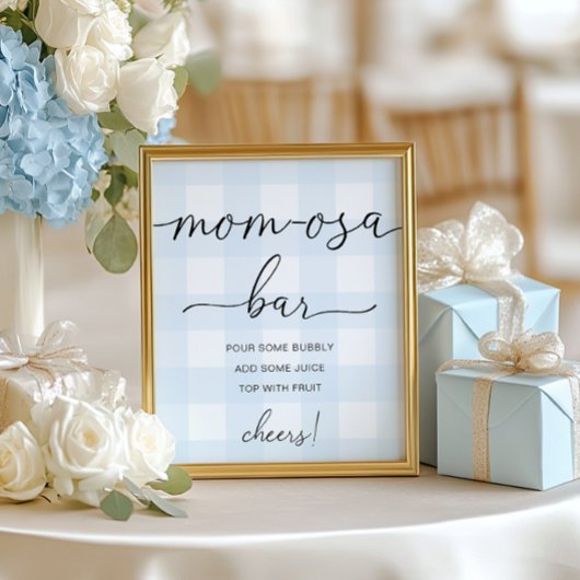 Blue Gingham Baby Shower Mama-osa Bar Sign Poster