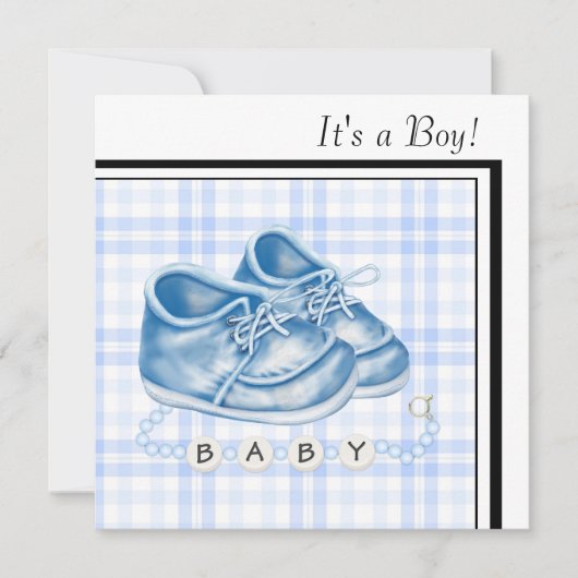 Blue Gingham Baby Shows Black Blue Baby Boy Dusche Einladung (Vorderseite)