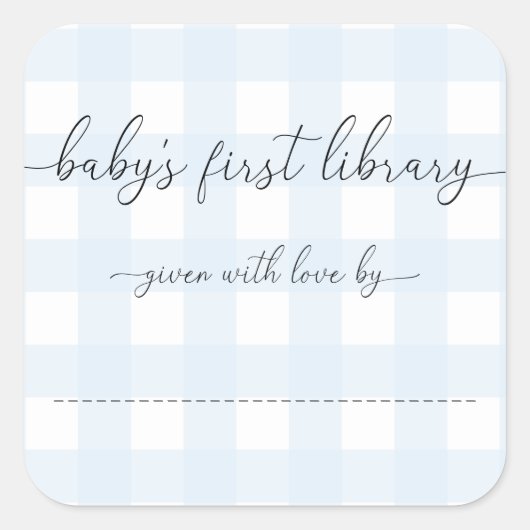 Blue Gingham Baby's First Library Buchzeichen Quadratischer Aufkleber (Vorderseite)