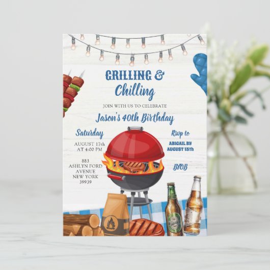 Blue Gingham Backyard Barbecue Birthday Einladung (Stehend Vorderseite)