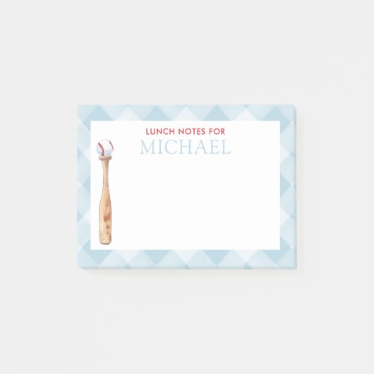 Blue Gingham Baseball Kids Custom Lunch Box Post-it Klebezettel (Vorderseite)