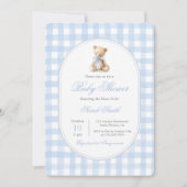 Blue Gingham Bear Baby Shower Boy Einladung (Vorderseite)