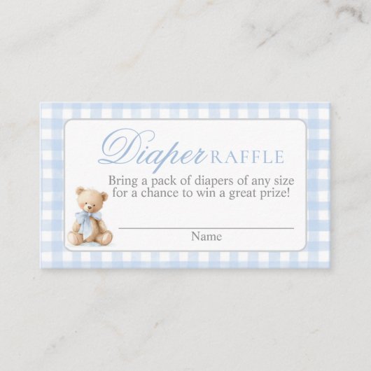 Blue Gingham Bear Baby shower Diaper Raffle Card Begleitkarte (Vorderseite)