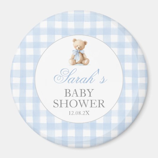Blue Gingham Bear Baby Shower Magnet (Vorne)