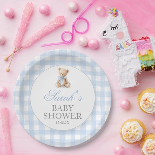 Blue Gingham Bear Baby Shower Pappteller (Party)