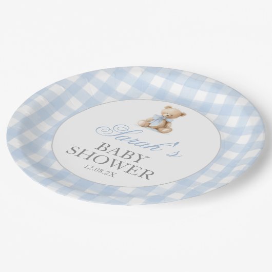 Blue Gingham Bear Baby Shower Pappteller (Schrägansicht)