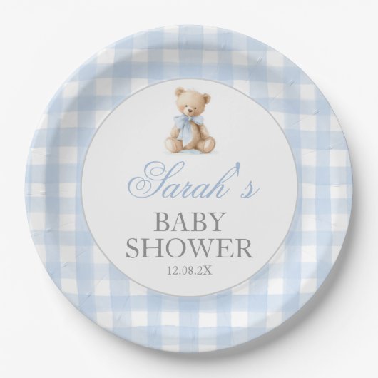 Blue Gingham Bear Baby Shower Pappteller (Vorderseite)