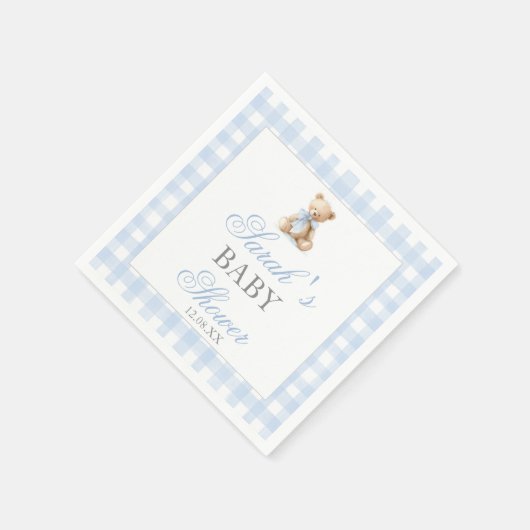 Blue Gingham Bear Baby Shower Serviette (Ecke)