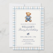 Blue Gingham Beary First Birthday Boy Teddy Bear  Einladung (Vorderseite)