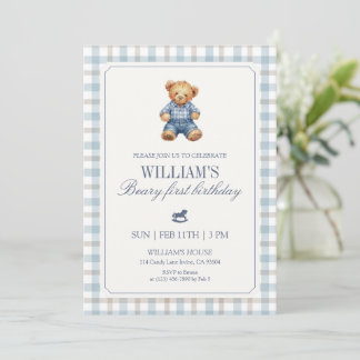 Blue Gingham Beary First Birthday Boy Teddy Bear Einladung