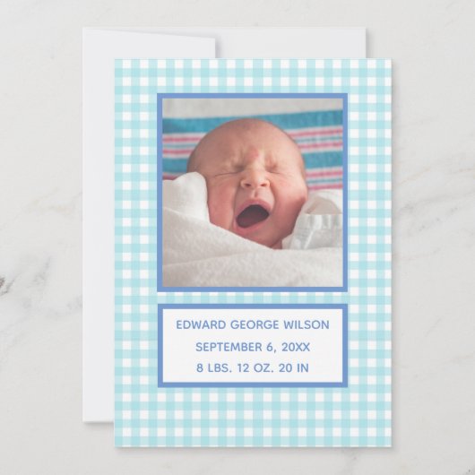 Blue Gingham Birth Announcement Card Ankündigung (Vorderseite)