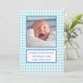 Blue Gingham Birth Announcement Card Ankündigung (Stehend Vorderseite)