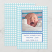 Blue Gingham Birth Announcement Card Ankündigung (Vorne/Hinten)