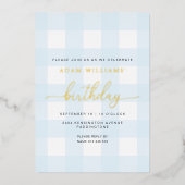 Blue Gingham Birthday Gold Foil Einladung (Vorderseite)