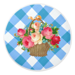 Blue Gingham Blume Basket Vintag Country Keramikknauf