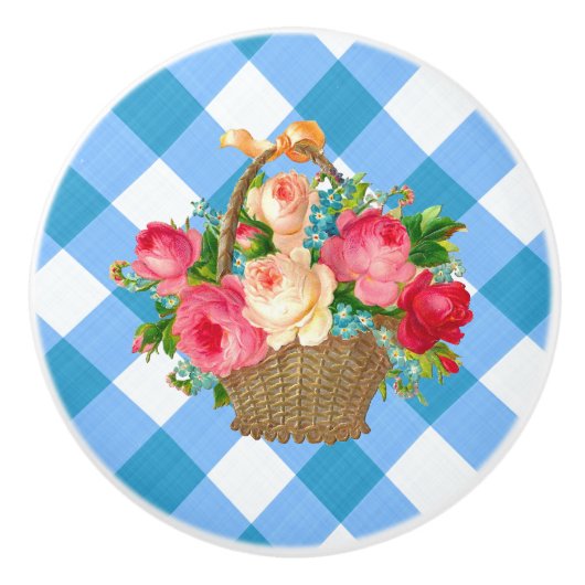 Blue Gingham Blume Basket Vintag Country Keramikknauf (Vorderseite)