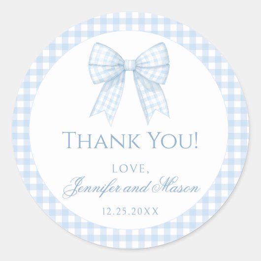 Blue Gingham Bogen Baby Danke für Rundaufkleber Runder Aufkleber (Vorderseite)