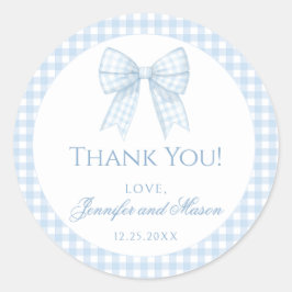 Blue Gingham Bogen Baby Danke für Rundaufkleber Runder Aufkleber