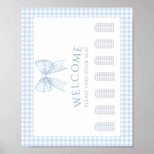 Blue Gingham Boho Babydusche Sitzkarte Poster (Vorne)
