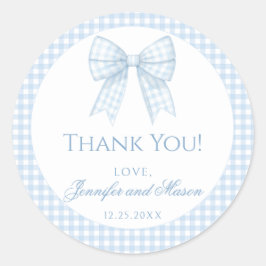 Blue Gingham Bow Baby Dusche Danke Runder Aufkleber