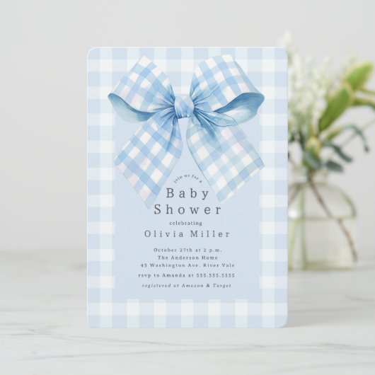 Blue Gingham Bow Baby Shower Einladung (Stehend Vorderseite)