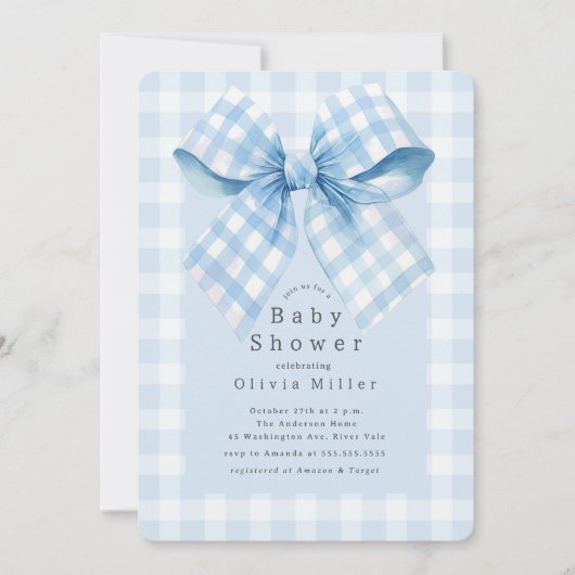 Blue Gingham Bow Baby Shower Einladung (Vorderseite)