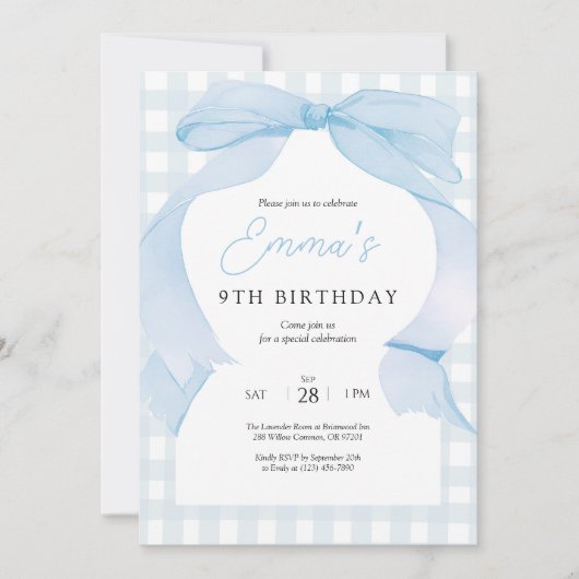 Blue Gingham Bow Birthday Einladung (Vorderseite)