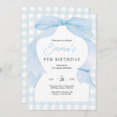 Blue Gingham Bow Birthday Einladung (Vorne/Hinten)