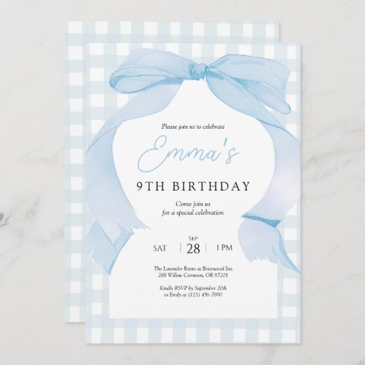 Blue Gingham Bow Birthday Einladung (Vorne/Hinten)