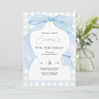 Blue Gingham Bow Birthday Einladung