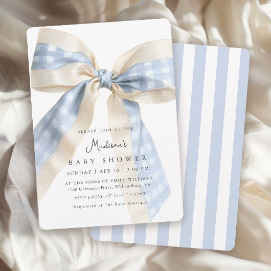 Blue Gingham Bow Cute Baby Shower Einladung