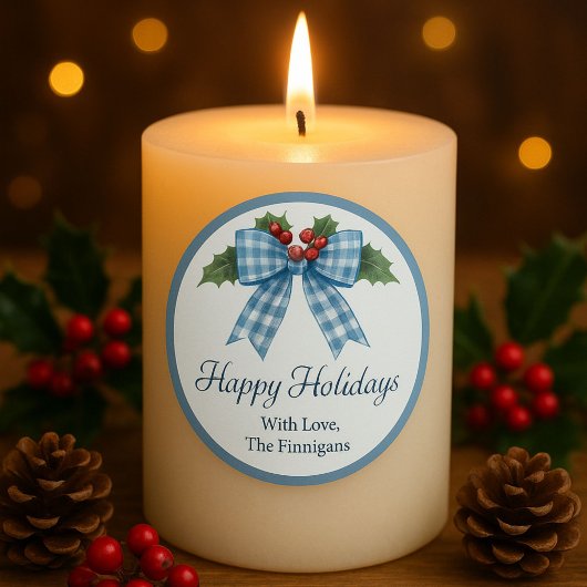 Blue Gingham Bow Happy Holidays Gift Sticker