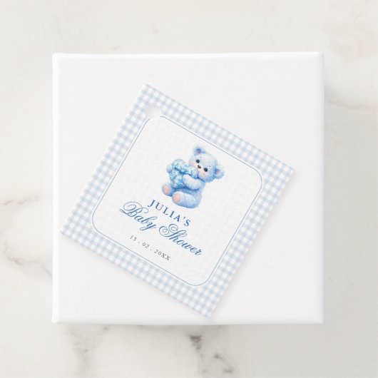 Blue Gingham Bow Heart Teddy Bear Baby Shower Geschenkanhänger (Beispiel)