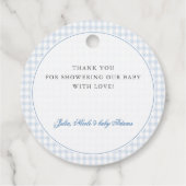 Blue Gingham Bow Heart Teddy Bear Baby Shower Geschenkanhänger (Rückseite)